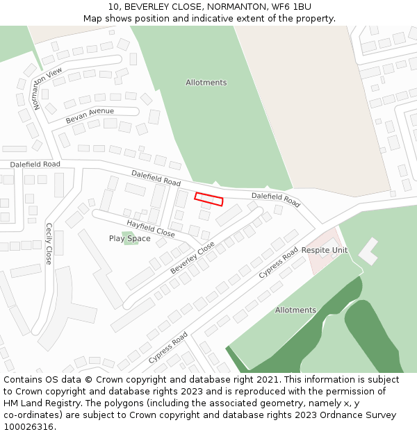 10, BEVERLEY CLOSE, NORMANTON, WF6 1BU: Location map and indicative extent of plot