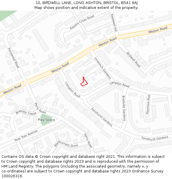 10, BIRDWELL LANE, LONG ASHTON, BRISTOL, BS41 9AJ: Location map and indicative extent of plot