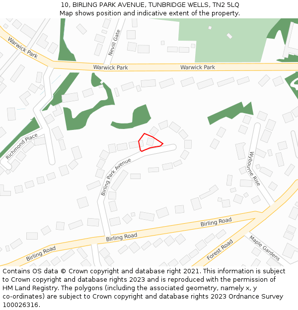 10, BIRLING PARK AVENUE, TUNBRIDGE WELLS, TN2 5LQ: Location map and indicative extent of plot