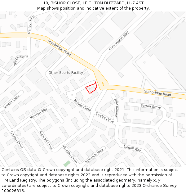 10, BISHOP CLOSE, LEIGHTON BUZZARD, LU7 4ST: Location map and indicative extent of plot