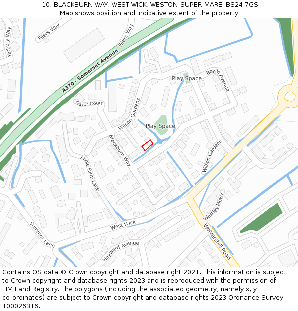 10, BLACKBURN WAY, WEST WICK, WESTON-SUPER-MARE, BS24 7GS: Location map and indicative extent of plot