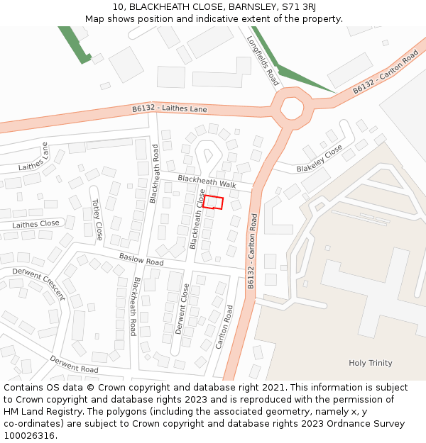 10, BLACKHEATH CLOSE, BARNSLEY, S71 3RJ: Location map and indicative extent of plot