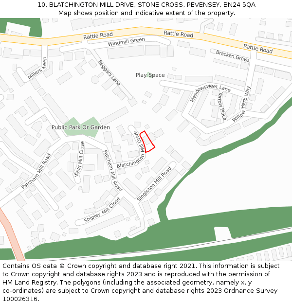 10, BLATCHINGTON MILL DRIVE, STONE CROSS, PEVENSEY, BN24 5QA: Location map and indicative extent of plot