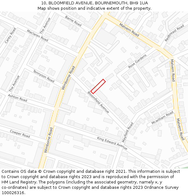 10, BLOOMFIELD AVENUE, BOURNEMOUTH, BH9 1UA: Location map and indicative extent of plot