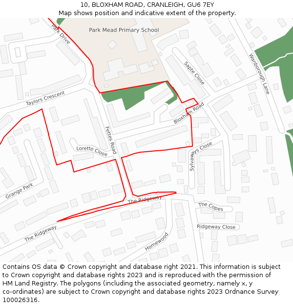 10, BLOXHAM ROAD, CRANLEIGH, GU6 7EY: Location map and indicative extent of plot