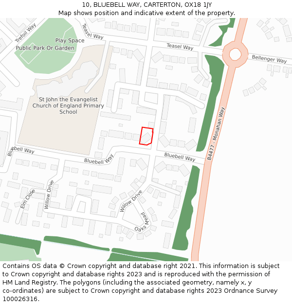 10, BLUEBELL WAY, CARTERTON, OX18 1JY: Location map and indicative extent of plot