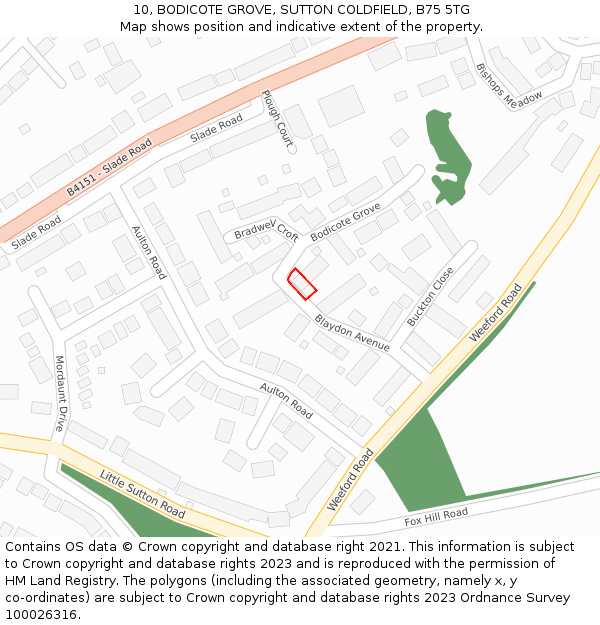 10, BODICOTE GROVE, SUTTON COLDFIELD, B75 5TG: Location map and indicative extent of plot