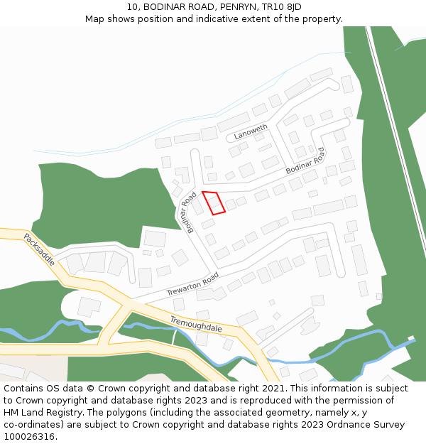 10, BODINAR ROAD, PENRYN, TR10 8JD: Location map and indicative extent of plot