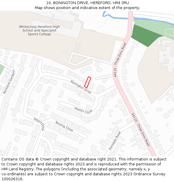 10, BONINGTON DRIVE, HEREFORD, HR4 0RU: Location map and indicative extent of plot