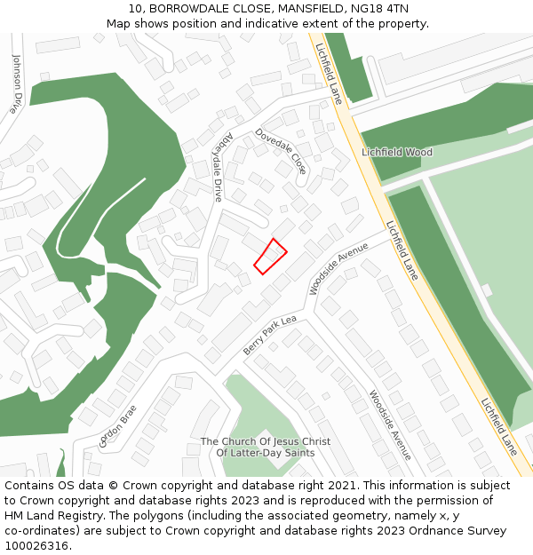 10, BORROWDALE CLOSE, MANSFIELD, NG18 4TN: Location map and indicative extent of plot