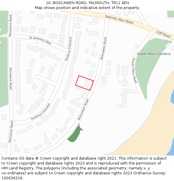 10, BOSCAWEN ROAD, FALMOUTH, TR11 4EN: Location map and indicative extent of plot