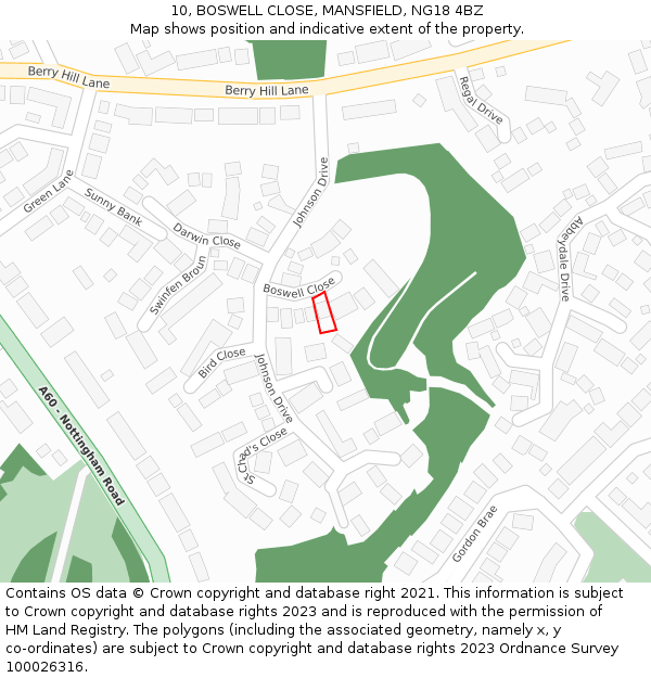 10, BOSWELL CLOSE, MANSFIELD, NG18 4BZ: Location map and indicative extent of plot