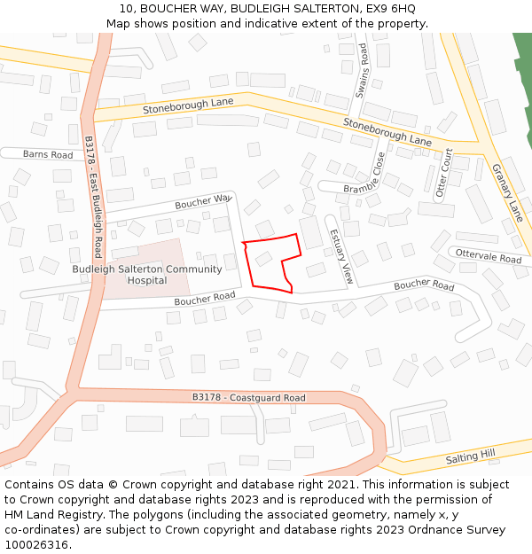 10, BOUCHER WAY, BUDLEIGH SALTERTON, EX9 6HQ: Location map and indicative extent of plot