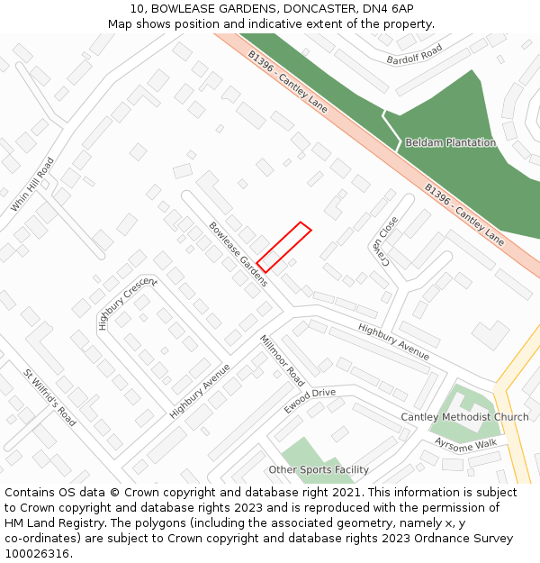 10, BOWLEASE GARDENS, DONCASTER, DN4 6AP: Location map and indicative extent of plot