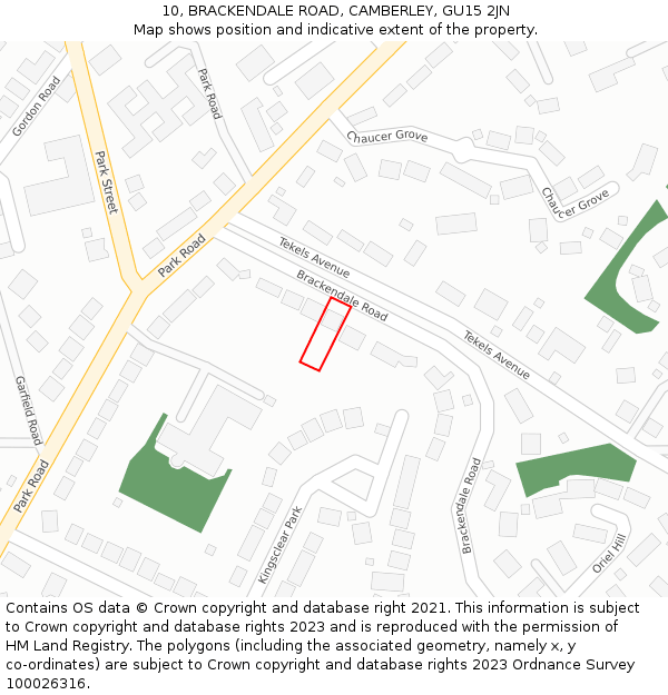 10, BRACKENDALE ROAD, CAMBERLEY, GU15 2JN: Location map and indicative extent of plot