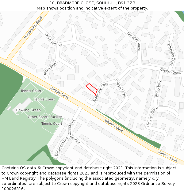 10, BRADMORE CLOSE, SOLIHULL, B91 3ZB: Location map and indicative extent of plot