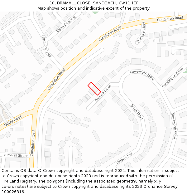 10, BRAMALL CLOSE, SANDBACH, CW11 1EF: Location map and indicative extent of plot