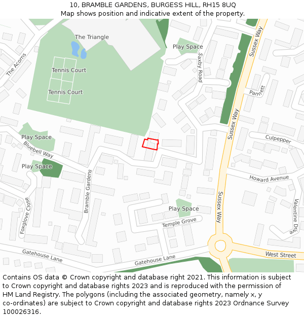 10, BRAMBLE GARDENS, BURGESS HILL, RH15 8UQ: Location map and indicative extent of plot