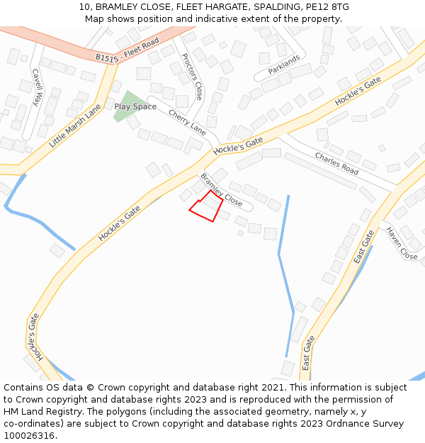 10, BRAMLEY CLOSE, FLEET HARGATE, SPALDING, PE12 8TG: Location map and indicative extent of plot