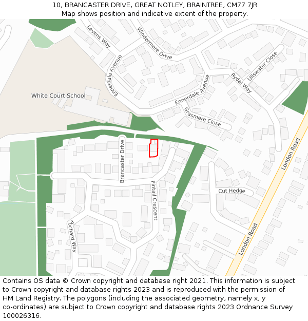 10, BRANCASTER DRIVE, GREAT NOTLEY, BRAINTREE, CM77 7JR: Location map and indicative extent of plot