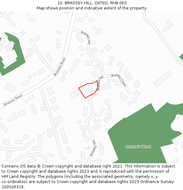 10, BRASSEY HILL, OXTED, RH8 0ES: Location map and indicative extent of plot