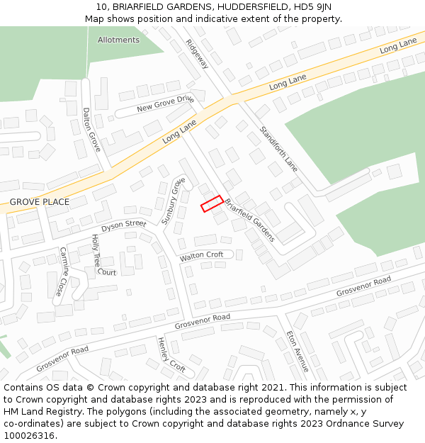 10, BRIARFIELD GARDENS, HUDDERSFIELD, HD5 9JN: Location map and indicative extent of plot