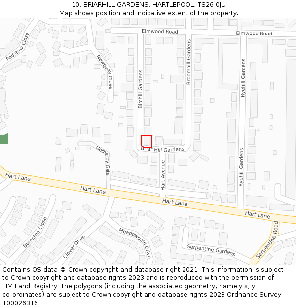 10, BRIARHILL GARDENS, HARTLEPOOL, TS26 0JU: Location map and indicative extent of plot