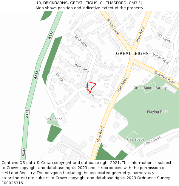 10, BRICKBARNS, GREAT LEIGHS, CHELMSFORD, CM3 1JL: Location map and indicative extent of plot