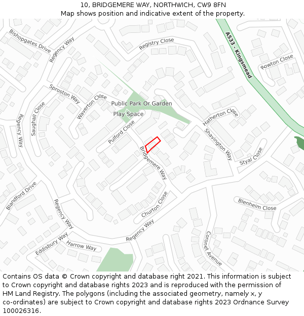 10, BRIDGEMERE WAY, NORTHWICH, CW9 8FN: Location map and indicative extent of plot