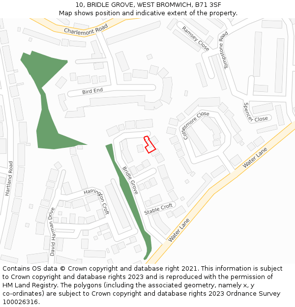 10, BRIDLE GROVE, WEST BROMWICH, B71 3SF: Location map and indicative extent of plot