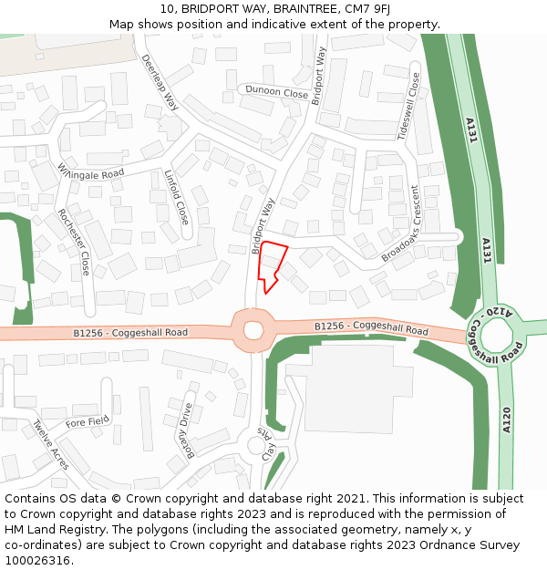 10, BRIDPORT WAY, BRAINTREE, CM7 9FJ: Location map and indicative extent of plot
