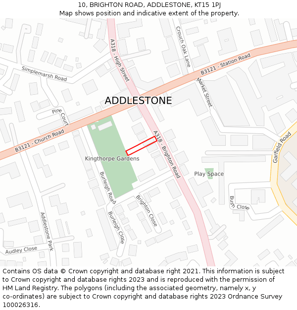 10, BRIGHTON ROAD, ADDLESTONE, KT15 1PJ: Location map and indicative extent of plot