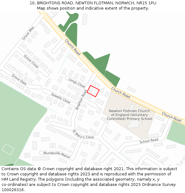 10, BRIGHTONS ROAD, NEWTON FLOTMAN, NORWICH, NR15 1PU: Location map and indicative extent of plot