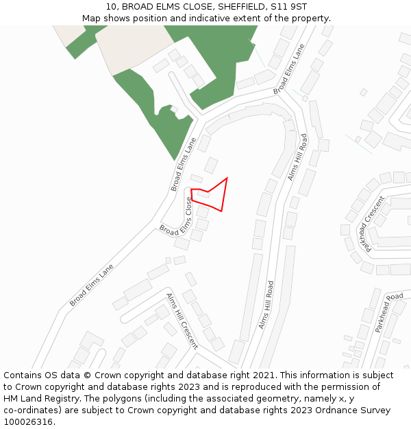 10, BROAD ELMS CLOSE, SHEFFIELD, S11 9ST: Location map and indicative extent of plot
