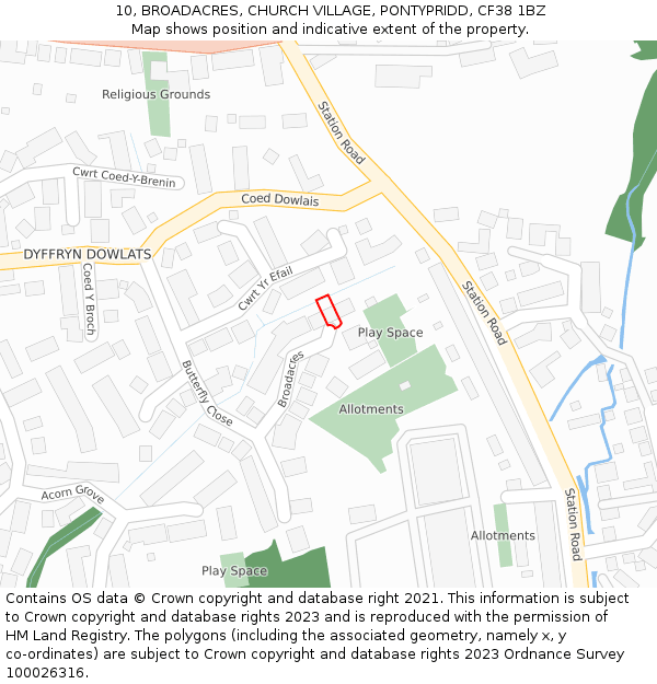 10, BROADACRES, CHURCH VILLAGE, PONTYPRIDD, CF38 1BZ: Location map and indicative extent of plot