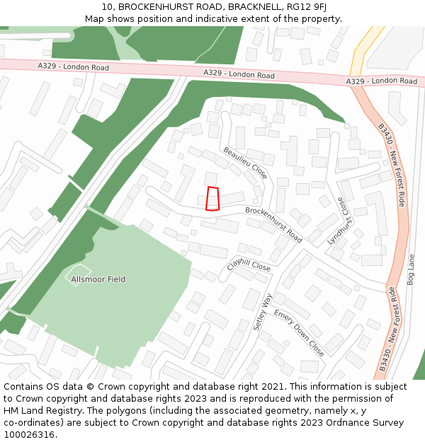 10, BROCKENHURST ROAD, BRACKNELL, RG12 9FJ: Location map and indicative extent of plot