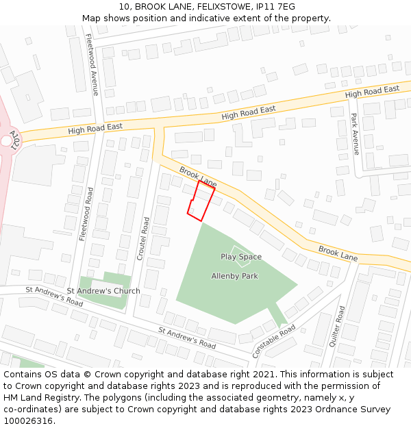 10, BROOK LANE, FELIXSTOWE, IP11 7EG: Location map and indicative extent of plot