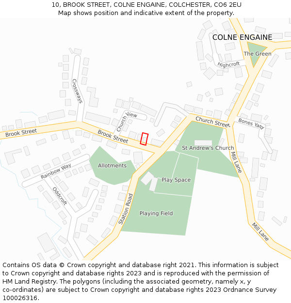 10, BROOK STREET, COLNE ENGAINE, COLCHESTER, CO6 2EU: Location map and indicative extent of plot