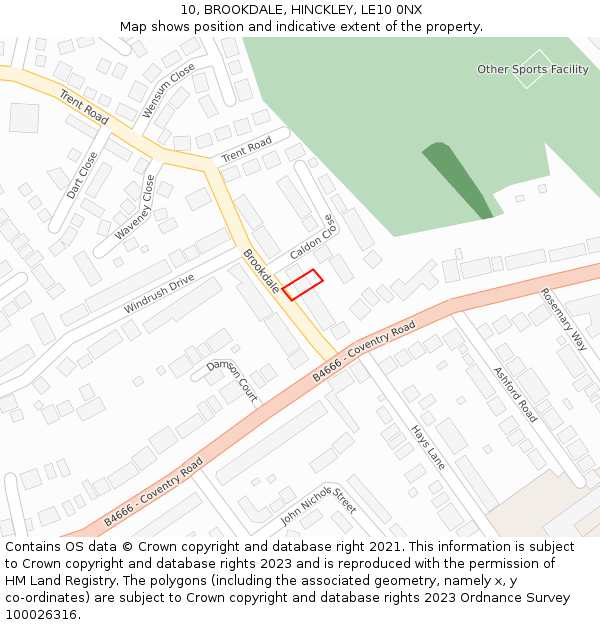 10, BROOKDALE, HINCKLEY, LE10 0NX: Location map and indicative extent of plot