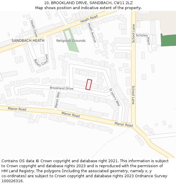 10, BROOKLAND DRIVE, SANDBACH, CW11 2LZ: Location map and indicative extent of plot