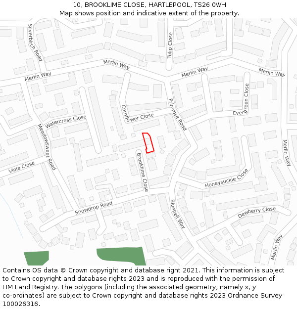 10, BROOKLIME CLOSE, HARTLEPOOL, TS26 0WH: Location map and indicative extent of plot