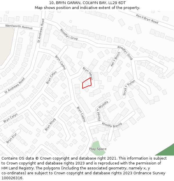 10, BRYN GARAN, COLWYN BAY, LL29 6DT: Location map and indicative extent of plot