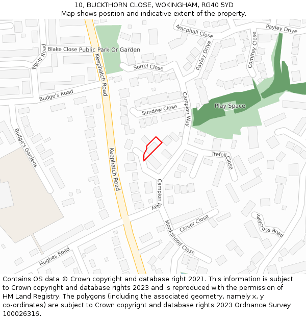 10, BUCKTHORN CLOSE, WOKINGHAM, RG40 5YD: Location map and indicative extent of plot