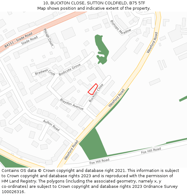 10, BUCKTON CLOSE, SUTTON COLDFIELD, B75 5TF: Location map and indicative extent of plot