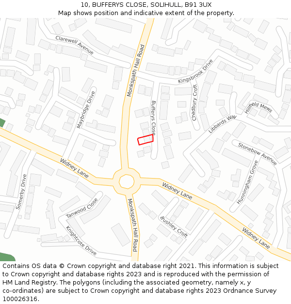 10, BUFFERYS CLOSE, SOLIHULL, B91 3UX: Location map and indicative extent of plot