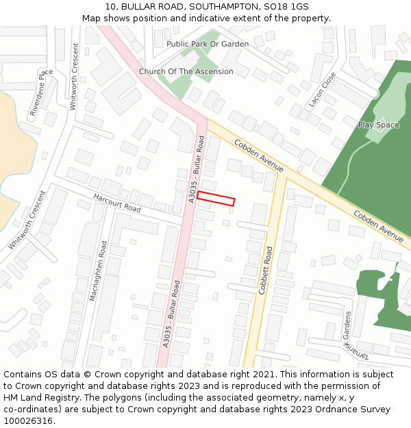 10, BULLAR ROAD, SOUTHAMPTON, SO18 1GS: Location map and indicative extent of plot