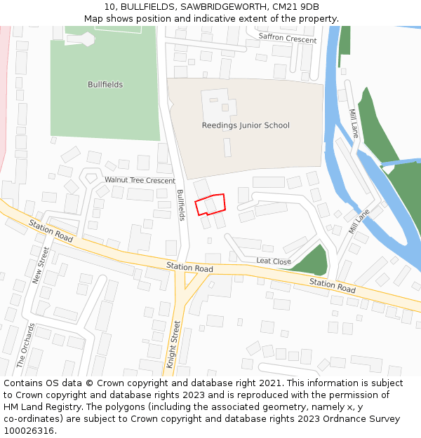 10, BULLFIELDS, SAWBRIDGEWORTH, CM21 9DB: Location map and indicative extent of plot