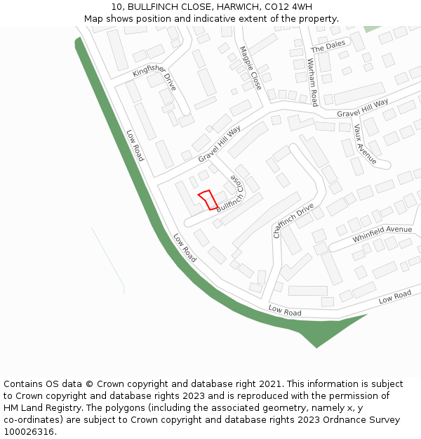 10, BULLFINCH CLOSE, HARWICH, CO12 4WH: Location map and indicative extent of plot