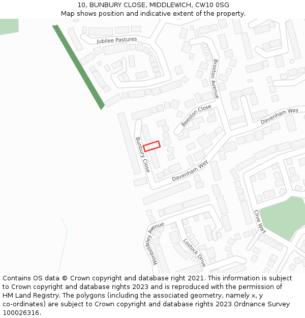 10, BUNBURY CLOSE, MIDDLEWICH, CW10 0SG: Location map and indicative extent of plot