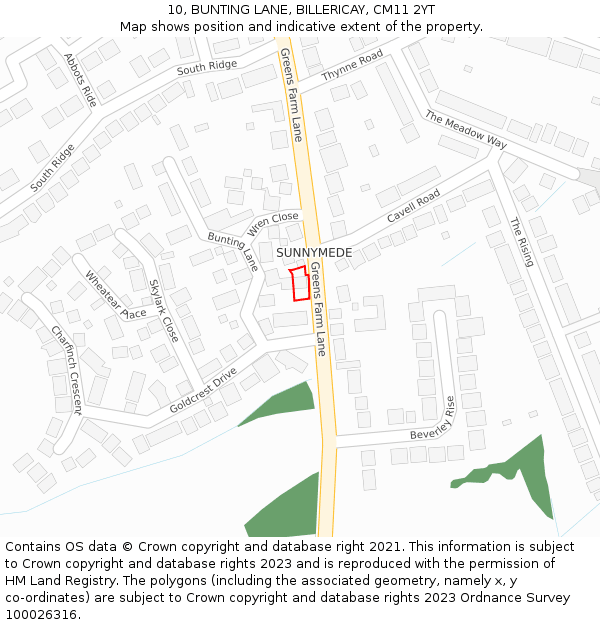 10, BUNTING LANE, BILLERICAY, CM11 2YT: Location map and indicative extent of plot